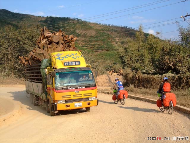 队员们进入老挝不久就看到运输珍贵木材的重型卡车